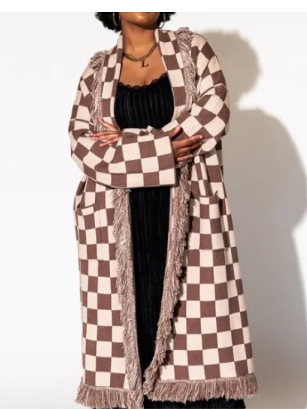 Dressed in LALA Cream & Brown Checker blanket Cardigan